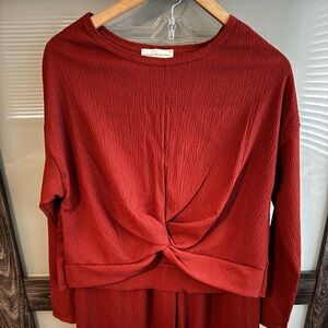 Lovely 🧡 Melody- Solid textured long sleeve pant set with twist knot detail.